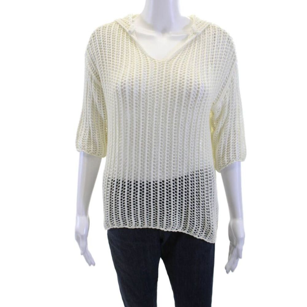 Ash Rain + Oak Womens Pullover Hoodie V Neck 3/4 Sleeve White Size S